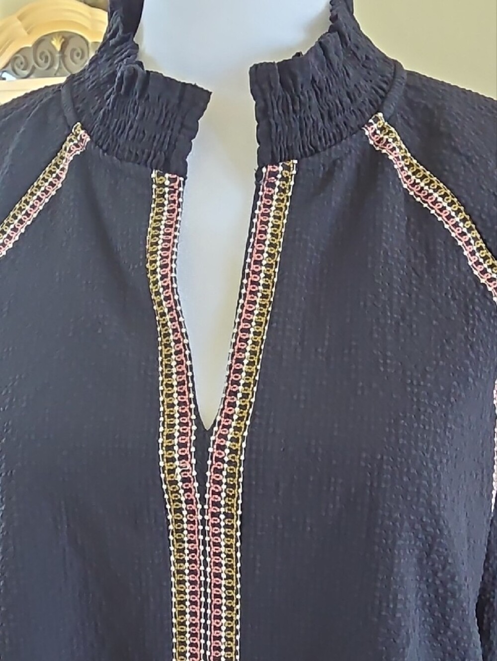 THML Navy Split-Neck Blouse with Pink Floral Embroidered Sleeves - Picture 2 of 6